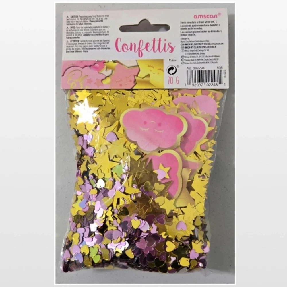 New amscan Confetti Baby Girl Party Gold Stars Hearts Pink Clouds 2.5oz NWT